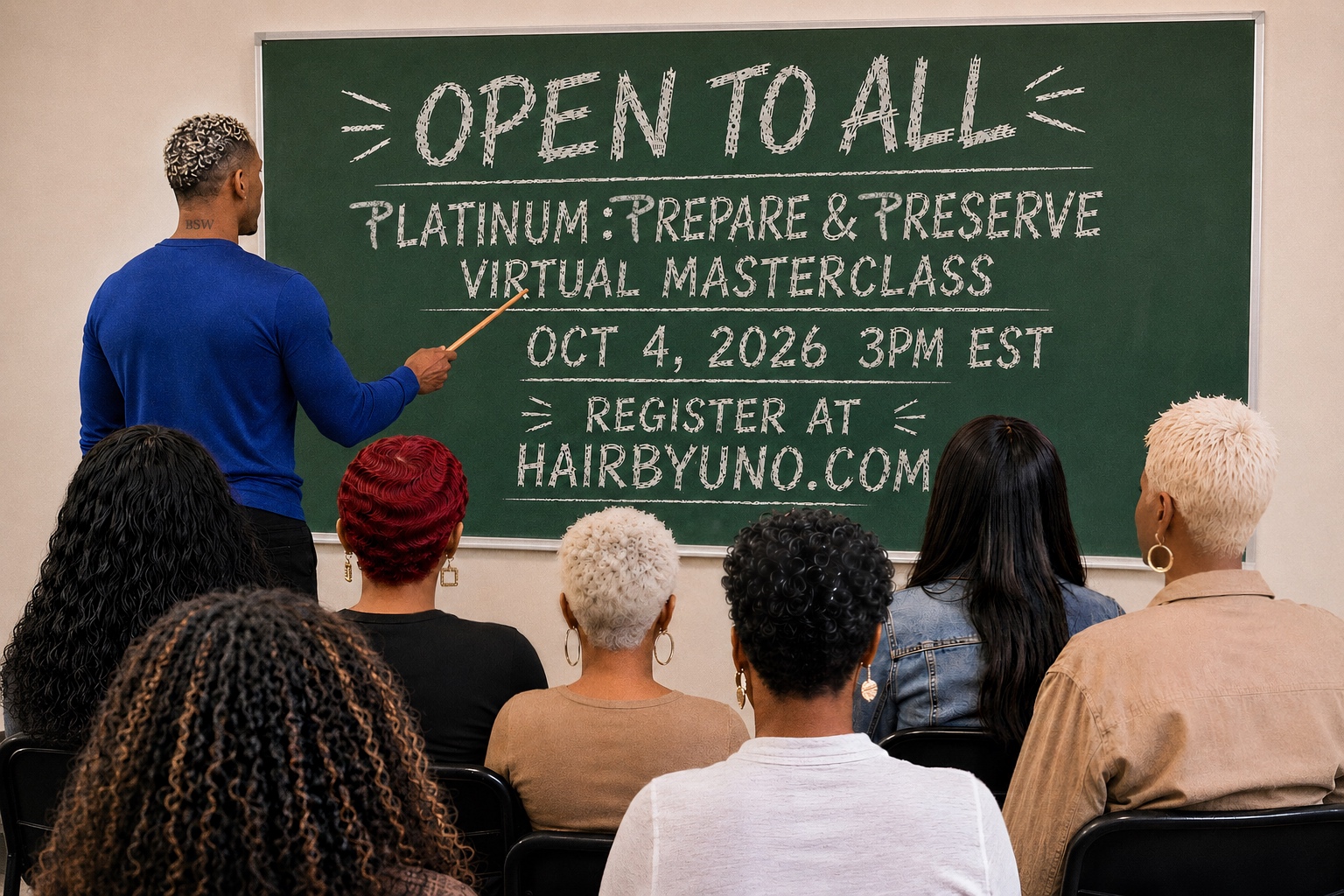 Uno pointing to a chalkboard that reads Open To All, Platinum: Prepare & Preserve Virtual Masterclass, Oct 4 2026 3PM EST, register at hairbyuno.com, in front of a seated class